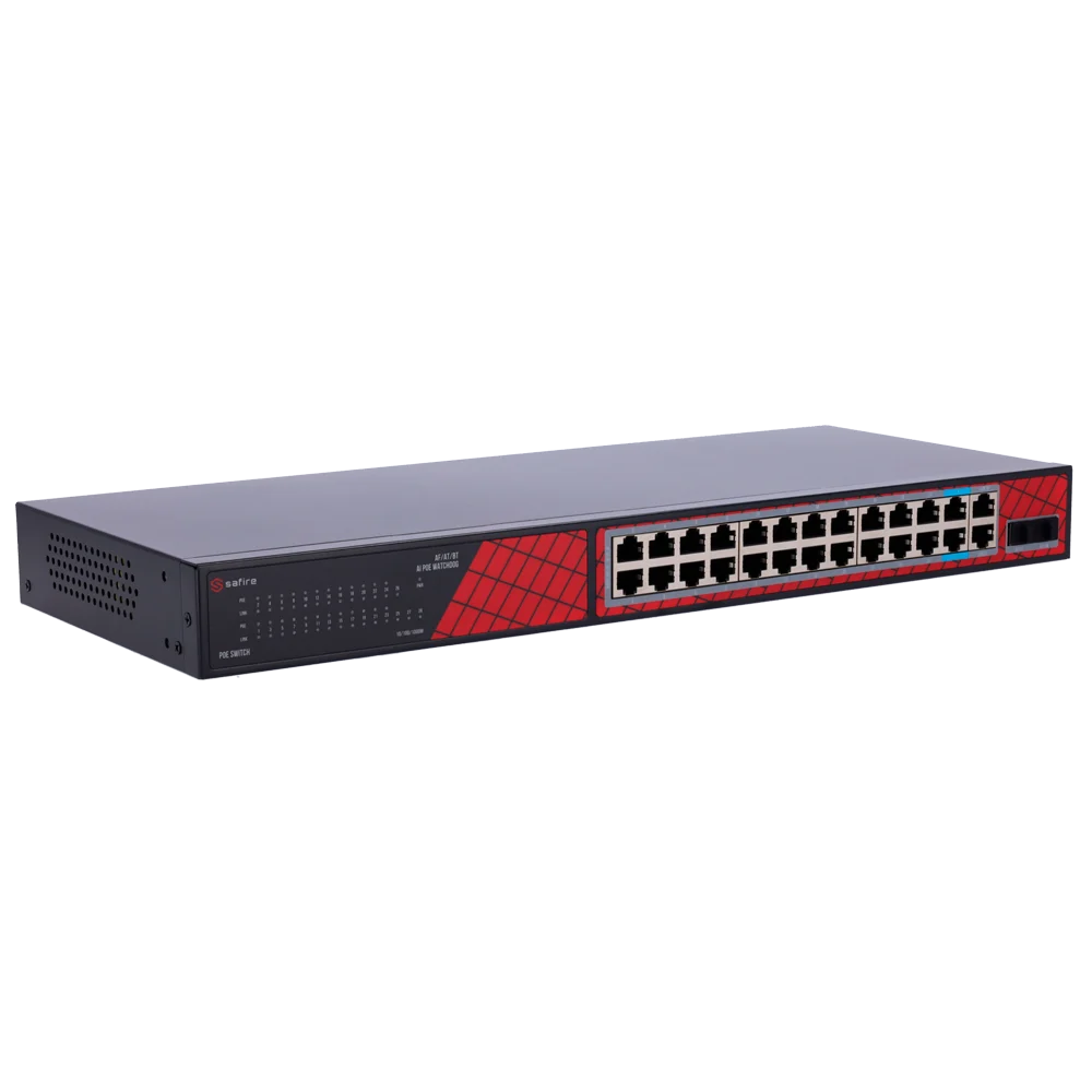 Safire 22 PoE poorten – 2 Hi-PoE-poorten – 2 SFP-uplinks – 2 RJ45-uplinks