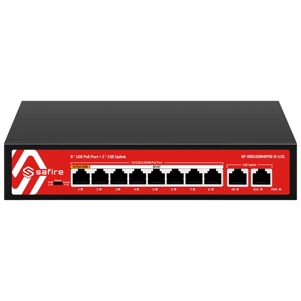 Safire SF-SW1008HIPOE-G-115 – 8-Poorts Hi-PoE Switch + 2 Gigabit Uplinks, 120W, 10/100/1000 Mbps